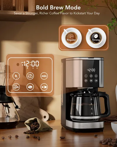 Vista 5 de COWSAR Cafetera Programable de 24 Horas - Máquina de Café de Goteo con Capacidad de 10 Tazas, Modo de Elaboración Fuerte, Pausa Automática, Función