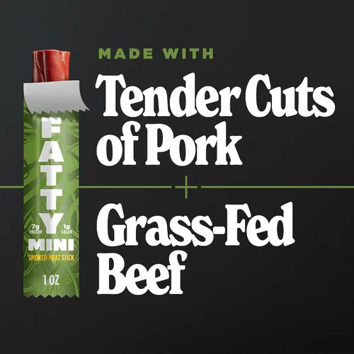 Vista 6 de FATTY Mini palitos de carne cecina, Jalapeño Minis, 1 oz. Tamaño de 0.27 oz de proteína por palo; hecho con carne de res alimentada con pasto, cerdo