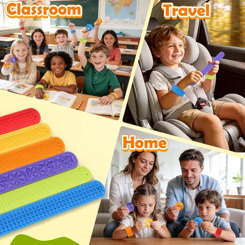 Vista 3 de Juguetes sensoriales antiestrés para niños: pulseras de silicona texturizada, paquete de 6, alivio del estrés para autismo, TDAH, juguetes