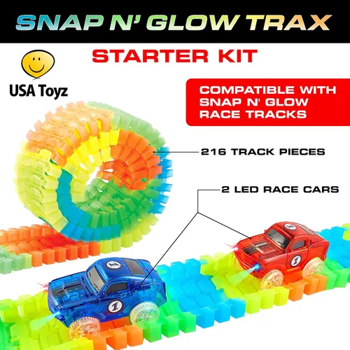 Vista 2 de Kit de inicio de pistas de resplandor USA Toyz Pistas de carreras y 2 coches de juguete LED - 216 piezas Juego de pistas de carreras flexibles