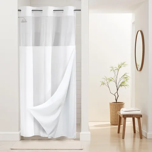 Vista 20 de Cortina de baño River Dream de gran peso sin ganchos necesarios con diseño de gofre punteado y forro a presión - 36W x 74H, de calidad hotelera