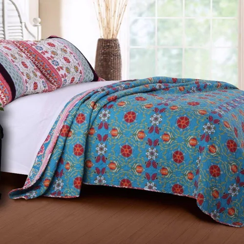 Vista 3 de Edredón conjunto 100% algodón - 3 piezas con reversible estilo bohemio retro impreso con patrones de flores, mandala, medallón geométrico azul rojo