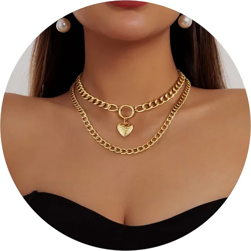 Vista 9 de MJartoria Gold Layered Necklaces for Women Trendy Retro Heart Locket Pendant Cuban Chain Necklace Chunky Chain Choker Necklaces for Girls Jewelry