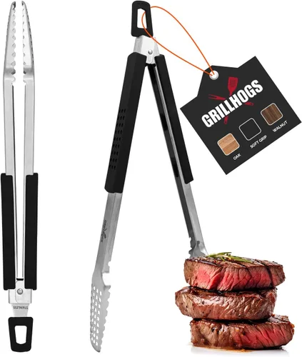 Vista 8 de Pinzas para barbacoa de acero inoxidable 18/0 de 9 pulgadas con mango ergonómico de madera de roble real para cocinar, accesorio duradero
