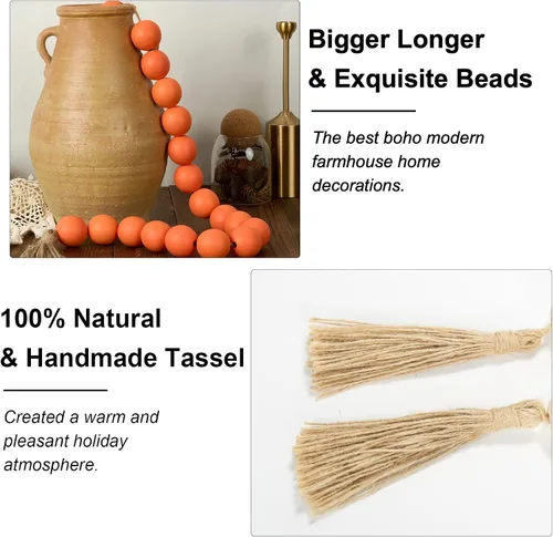 Vista 131 de OMISHE Guirnalda de cuentas de madera extra grande con cuentas de madera y borlas de 1.6 pulgadas de diámetro, cuentas decorativas rústicas de 41