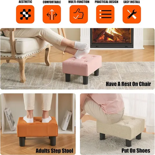 Vista 6 de BRIAN & DANY Taburete pequeño para pies, taburetes de lino con patas, reposapiés pequeño estable para sala de estar, beige