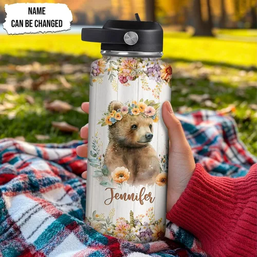 Vista 2 de Hyturtle Botella de agua personalizada con diseño de oso – Botella de acero inoxidable aislada de viaje con tapa a prueba de fugas, 18 onzas, 32