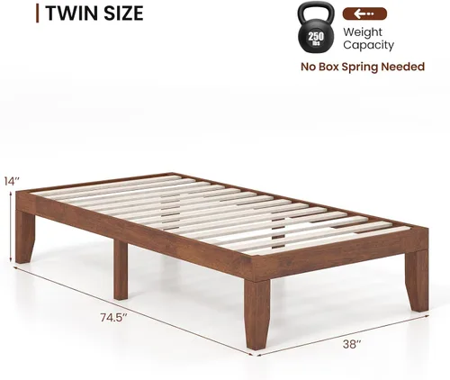 Vista 3 de KOMFOTT Armazón de cama de plataforma de madera de 14 pulgadas, tamaño Twin, base de colchón de madera con marco de madera de caucho, fuerte soporte
