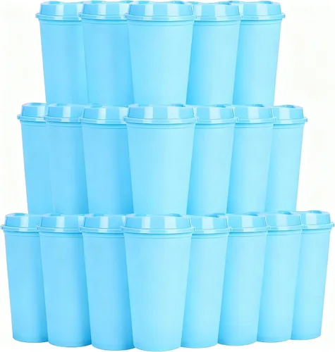 Vista 10 de Paquete de 20 tazas de café reutilizables con tapas, vasos de plástico de 16 onzas, taza de viaje para café helado para adultos y mujeres, bebidas
