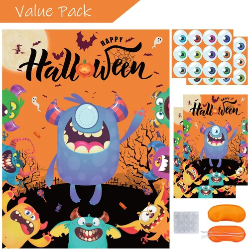 Vista 2 de Juegos de fiesta de Halloween, Pin Eye on The Monster Game Reutilizable, Pin The Monster Halloween Party Favor Suministros para niños y niñas