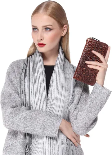 Vista 2 de PIJUSHI Billetera de piel de cocodrilo para mujer, bolso de mano, 1058 Café Croco