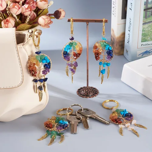 Vista 3 de KISSITTY Colgante de atrapasueños colgante con piedras preciosas adornadas con atrapasueños, adorno étnico de filigrana, Llavero del árbol de la vida