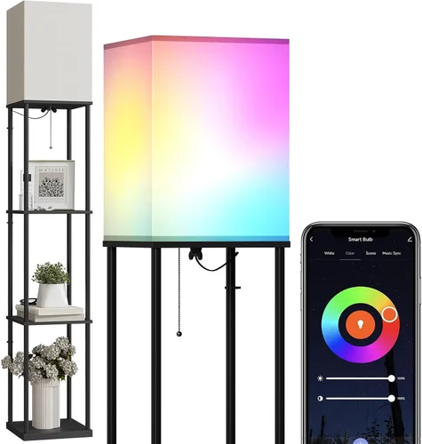 Vista 12 de SUNMORY Lámpara de pie de 5 niveles con estantes, moderna lámpara de pie cuadrada con bombilla de temperatura de 3 colores, lámpara de estantería