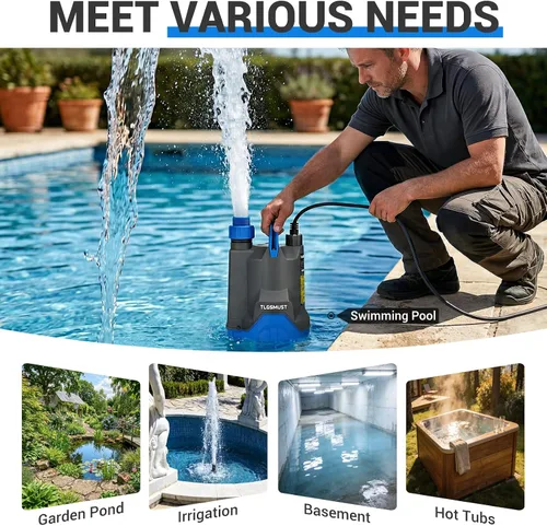 Vista 4 de Bomba de agua sumergible, 1/3 HP 2450GPH Bomba de agua termoplástica eléctrica portátil de transferencia para piscina, sótano, inundación, jardín