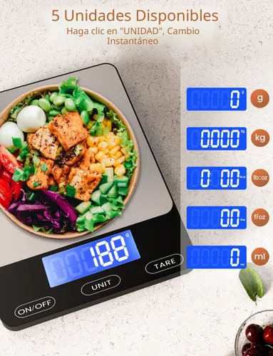 Vista 2 de Báscula de alimentos - Báscula de cocina digital de 33 libras para gramos y onzas de alimentos, recargable, acero inoxidable 304, baterías y carga