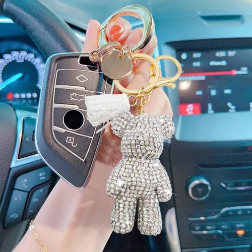 Vista 6 de Llavero de oso de peluche, lindo oso de peluche, accesorios de automóvil, llaveros de diamantes de imitación de moda para mujeres y niñas, Varios