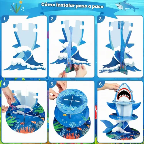 Vista 4 de Zopeal Soporte de 3 niveles para cupcakes con temática de tiburón, tiburón