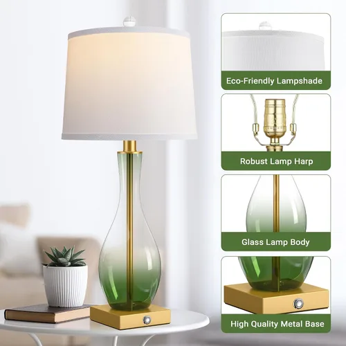 Vista 26 de Juego de 2 lámparas de mesa de cristal de 27 pulgadas con puertos USB, lámparas táctiles para mesita de noche 3-Way Dimmable,E26 Base, Bulbs