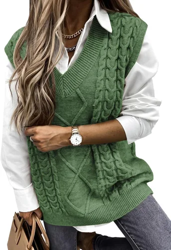 Vista 34 de EVALESS Chaleco Suéter de Gran Tamaño para Mujeres Cuello en V Sin Mangas Color Sólido Suéter Pullover Suelto 1 caqui.