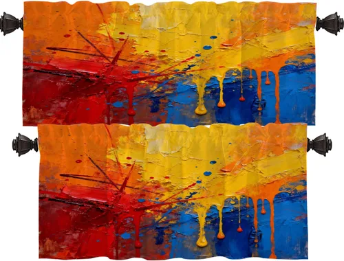 Vista 100 de Shrahala Beige and Orange Abstract Art Brushstrokes Blackout Curtain Tiers, Abstract Oil Paint Kitchen Valance Light Blocking Tier Drapes with Rod
