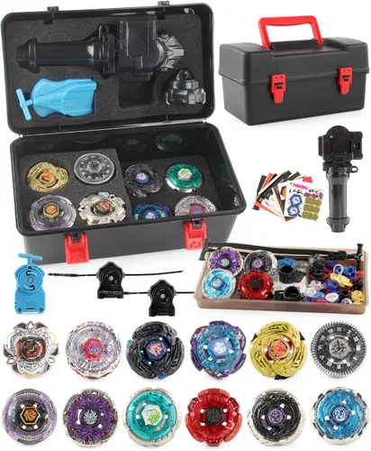 Vista 2 de Juego de trompos AIBREAY 12 trompos giratorios 3 lanzadores Juego de giroscopio de fusión metálica con caja de almacenamiento portátil Regalo