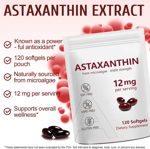 Vista 2 de Daiasns Astaxantina 12 mg, suplementos antioxidantes de astaxantina que apoyan la salud de los ojos, las articulaciones, la circulación interna