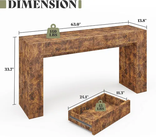 Vista 2 de AMERLIFE Mesa consola de madera Burl de 63 pulgadas con 2 cajones de Marrón