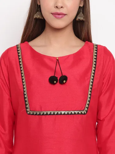 Vista 6 de Janasya Kurta de seda de poliéster rojo indio con pantalón y dupatta para mujer