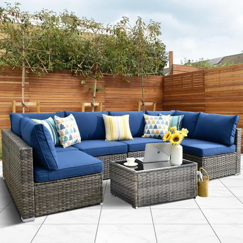 Vista 46 de HOOOWOOO Juego de sofá modular para patio al aire libre, 7 piezas en forma de U, juego de sofá de mimbre rústico para 6 personas, juego de Beige