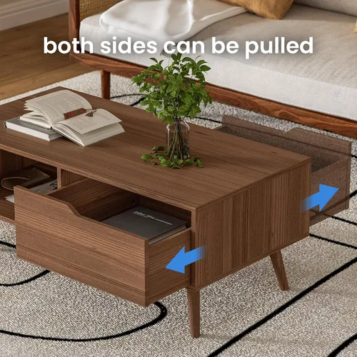 Vista 5 de DIYART Mesa de centro marrón, mesa de centro moderna de mediados de siglo con cajón y estante, mesa consola simple de madera de 39 pulgadas