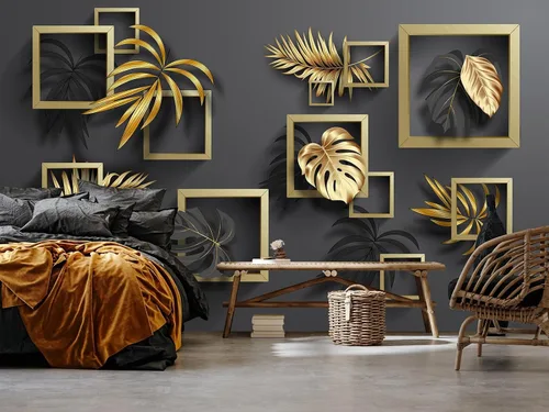 Vista 11 de Mural de pared de mármol dorado para dormitorio, 173 x 120 pulgadas (ancho x alto)