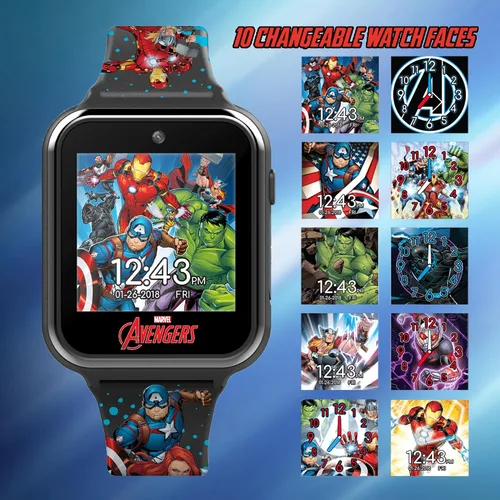Vista 2 de Marvel Avengers - Reloj inteligente interactivo para niños, reloj con pantalla táctil con juegos, cámara, grabadora de voz, rastreador de pasos