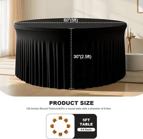 Vista 3 de Mantel redondo de 60 pulgadas en negro para mesas de 5 pies, funda de mesa ajustada de elastano con borde elástico y falda, lavable, sin arrugas