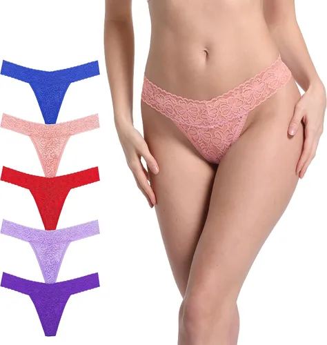 Vista 8 de T Back Sexy Low Rise Elástico Invisible Patrones Encaje Algodón Mujeres Tangas Pack Tangas de cinturón de 10