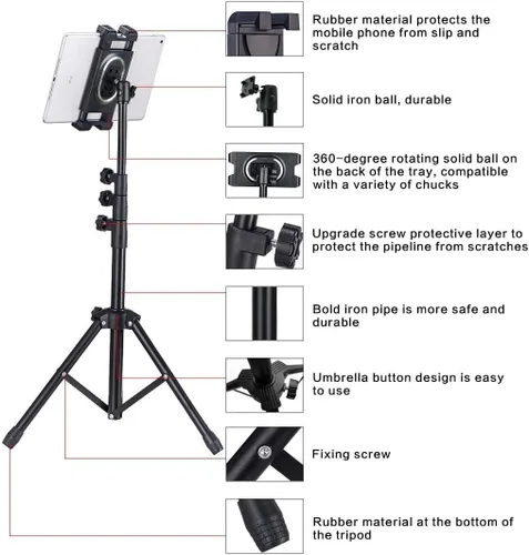 Vista 2 de Trípode para tableta para iPad Pro soporte de piso trípode para Surface Pro Samsung Tab S9+ soporte con control remoto giratorio de 360° ajustable