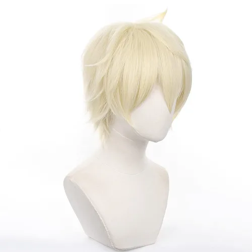 Vista 2 de XiongXiongLe Peluca corta rubia clara para hombres, cosplay, anime, Genshin Impact, Bennett, pelucas de repuesto para niños, para fiestas