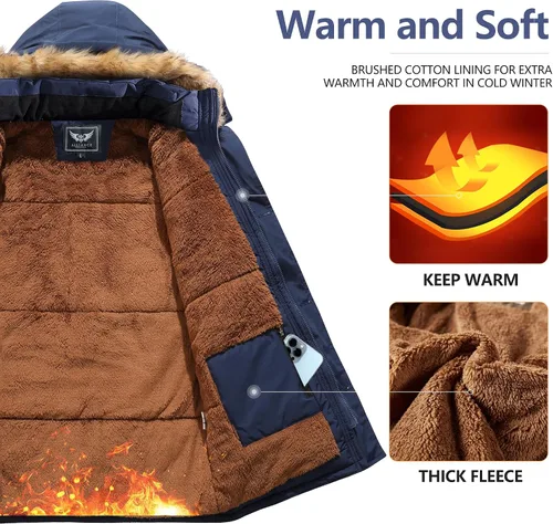 Vista 3 de JYG - Chaqueta de invierno gruesa para hombre, parka acolchada con capucha extraíble de piel sintética Azul