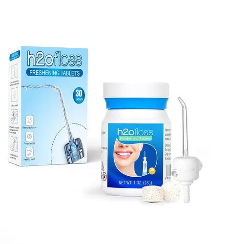 Vista 2 de H2ofloss Irrigador dental portátil con 30 tabletas de repuesto para irrigador oral, portátil y recargable, blanqueamiento dental suave, IPX7