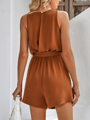 Vista 3 de Overol casual sin mangas con cinturón de verano para mujer, con cuello en V de encaje, overol corto con bolsillos