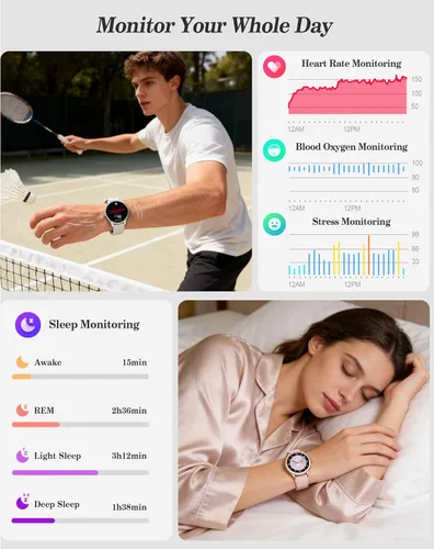 Vista 4 de Reloj inteligente para mujeres, mujeres y hombres, reloj de fitness de 1.27 pulgadas [caja de 1.614 in] con recepción de llamadas/marcación, monitor