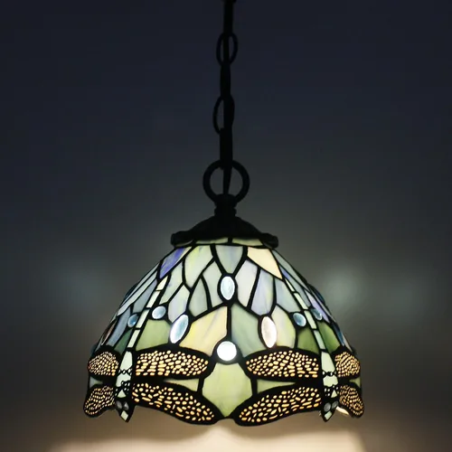 Vista 2 de Lámpara Colgante Pequeña Tiffany de Vidrio Emplomado con Enchufe, Lámpara Colgante de 8 Pulgadas de Altura Ajustable, Accesorio de Araña Colgante