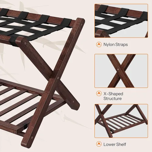Vista 7 de HOOBRO Portaequipajes, soporte plegable para equipaje, soporte de maleta de bambú para habitación de invitados, con estante de soporte de correa