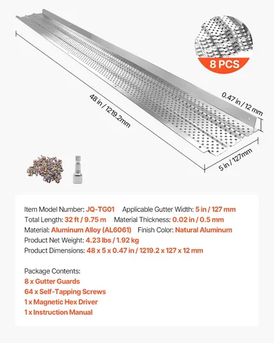 Vista 7 de VEVOR Protector de canalón, cubierta de canalón de aluminio de 5 pulgadas, cubierta de protección de 32 pies de longitud para hojas y escombros
