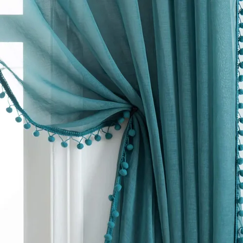 Vista 11 de MISS SELECTEX Cortinas semitransparentes con aspecto de lino y borlas de pompones - Cortinas de gasa semitransparentes con bolsillo para varilla