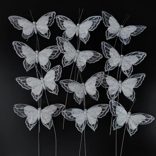 Vista 10 de Berfutall - Juego de 12 mariposas de plumas para decoración de mariposas, blancas en alambre. Decoración del hogar de primavera para fiestas, fotos