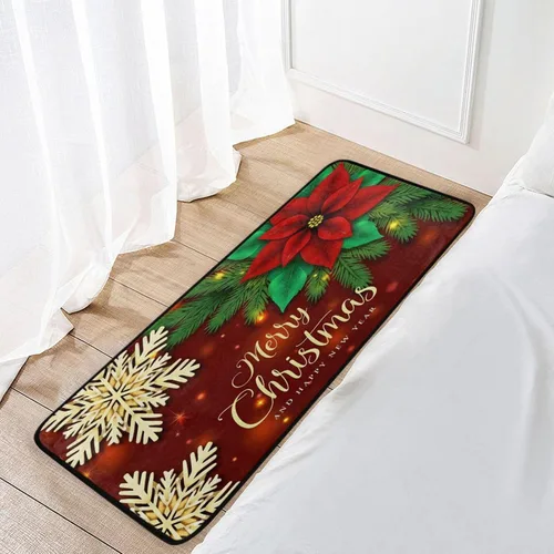 Vista 7 de Alfombras de cocina de Navidad, diseño de flor de pascua roja, antideslizantes, suaves, antifatiga, tapete de baño, tapete para decoración