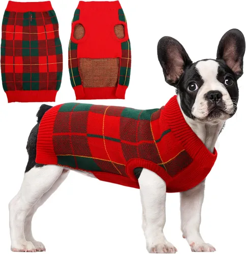 Vista 9 de QBLEEV Suéter navideño clásico a cuadros para perro, suéter elástico cálido con agujero para correa, suéteres de Navidad de cuello alto