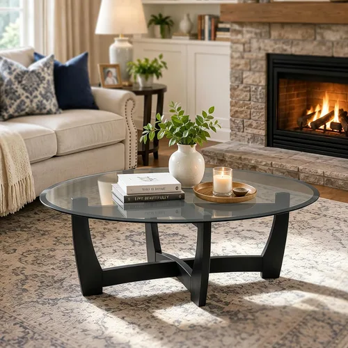 Vista 12 de Mesa de centro ovalada de vidrio de 48 pulgadas con cruz de vidrio templado y base de madera maciza, mesa central simple y moderna para sala
