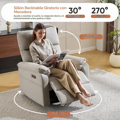 Vista 4 de Silla reclinable eléctrica con soporte lumbar ajustable, sillón reclinable giratorio con reposabrazos sobrerelleno, sillón reclinable para Gris