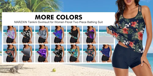 Vista 4 de MARZXIN Traje de baño tankini para mujer, diseño floral, de dos piezas, camiseta sin mangas, traje de baño con pantalones cortos